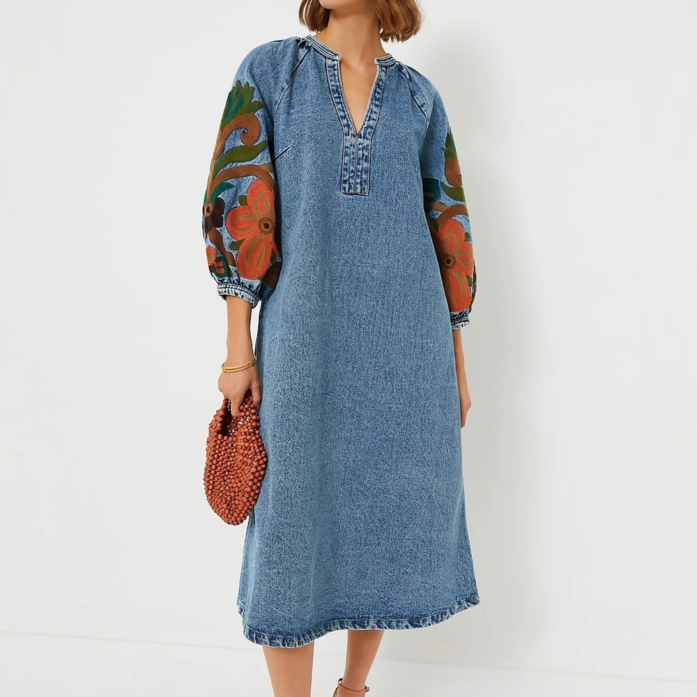 Lug Von Siga Tuckernuck Denim Dress Women M 38 Blue Embroidered Floral Boho Fall